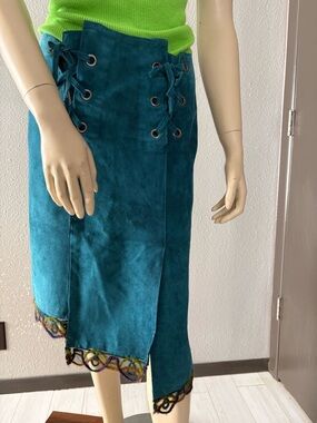 Anna Sui Teal Lace-Up Suede Midi Skirt